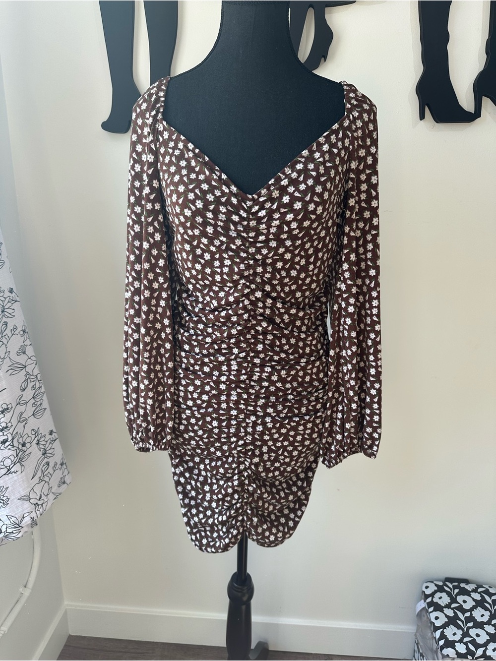 Brown Floral Long-Sleeve Ruched Mini Dress